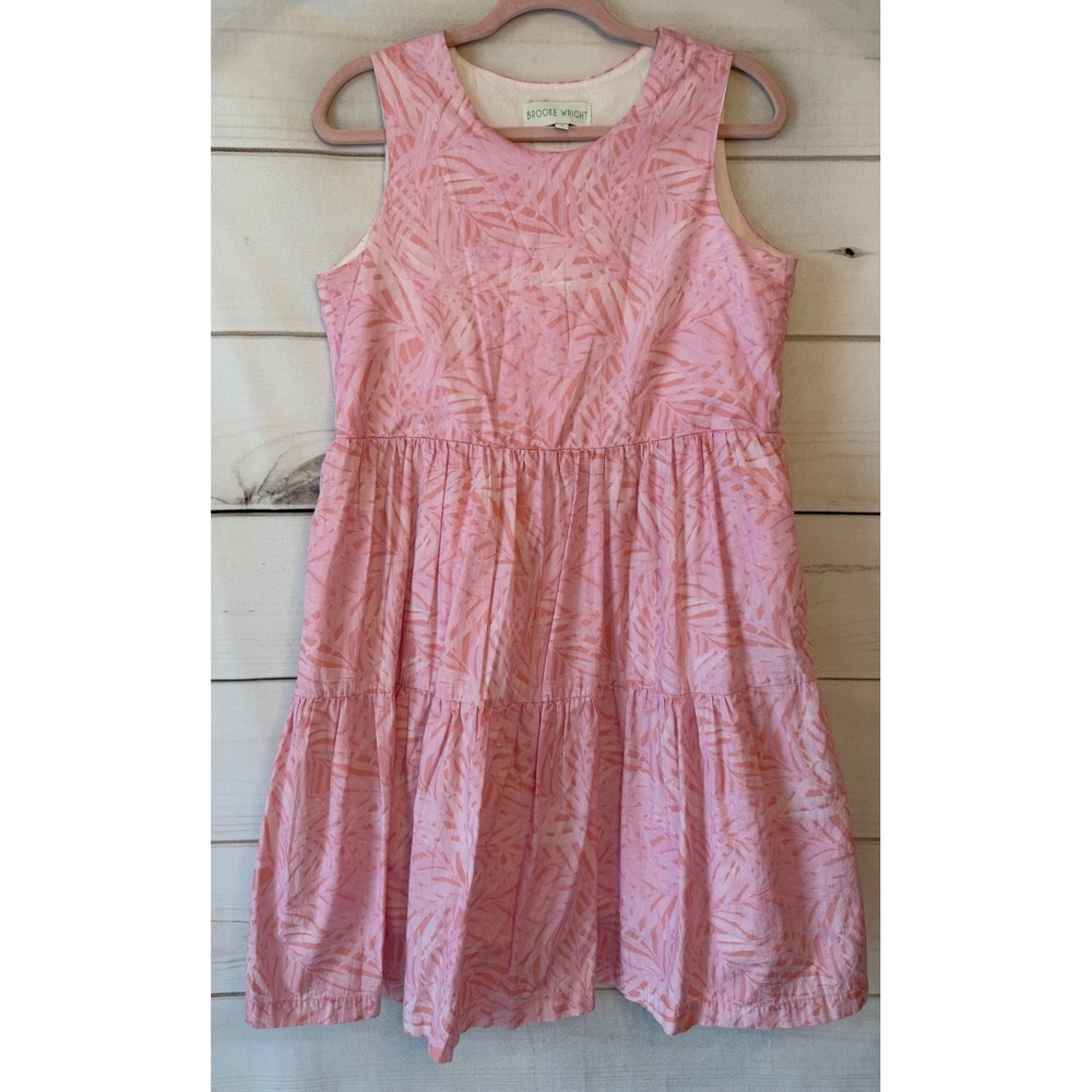Brooke Wright Pink Palm Leaf Print Cotton Poplin Tiered Sleeveless Dress Medium